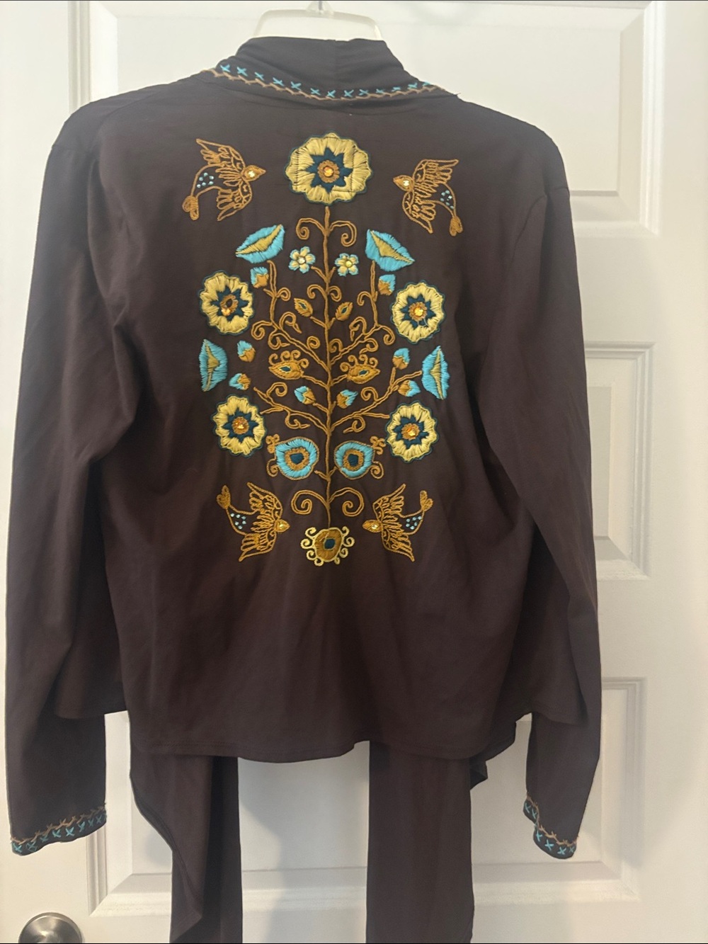 Double D Ranch Brown Cardigan SZ S/M w/Yellow-Gold and Turquoise Embroidery